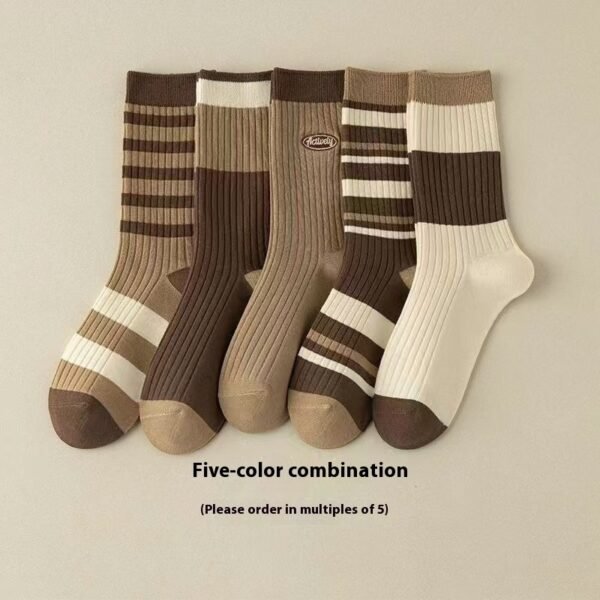 Cute Autumn And Winter Brown Striped Couple Socks - Image 4